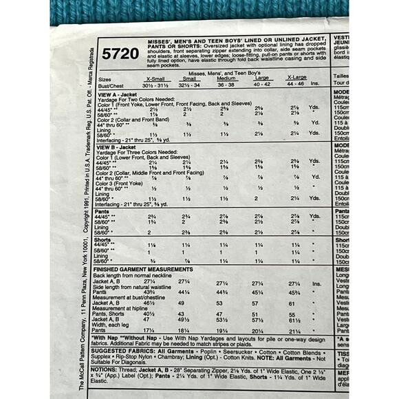 McCalls 5720 unisex jacket pants shorts sewing pattern size 32 1/2 34 - Picture 4 of 5